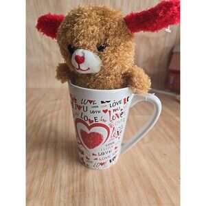 Valentines Day Plush In A Latte Mug LOVE HEARTS CERAMIC -SMALL PLUSH BEAR
